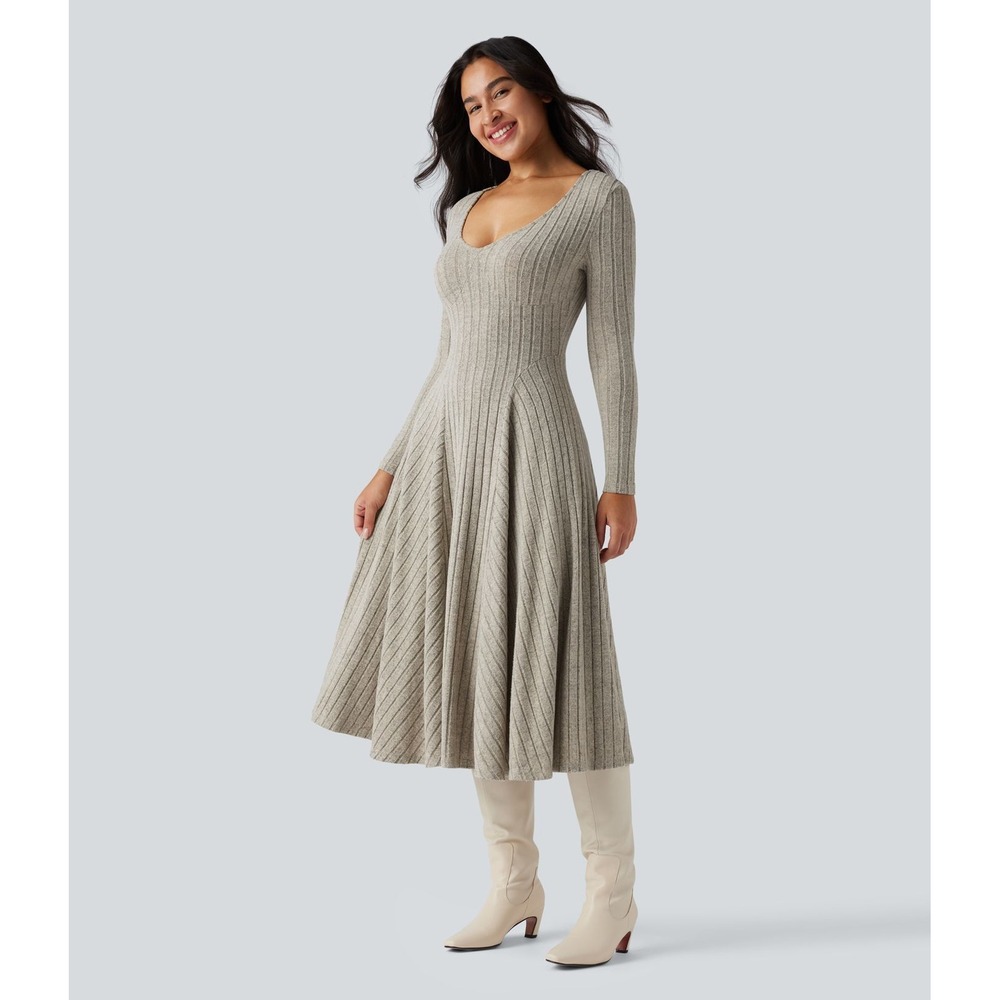 Halara Midi Dress Women XS Cream Ribbed V-Neck Long Sleeve Fit and Flare Neutral